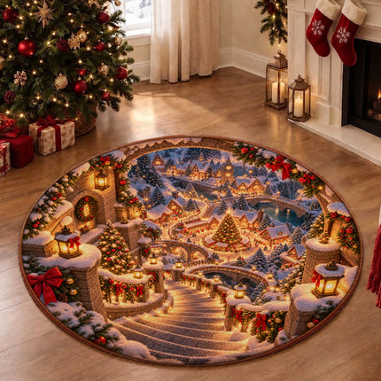 Christmas Village Round Rug Snowy Stairway Holiday Doormat