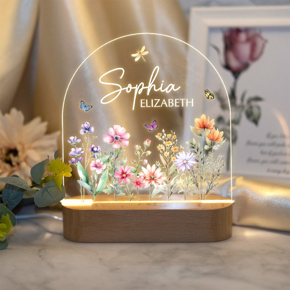 Custom Floral Butterfly Name Acrylic Night Light, Birthday Gift for Her