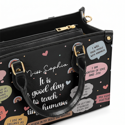 Personalized Teacher Leather Handbag Black Affirmations