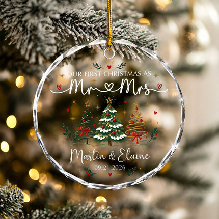 Personalized First Christmas Couple Glass Ornament with Christmas Trees and Hearts