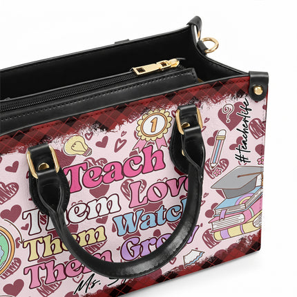 Personalized Teacher Leather Handbag Pink Plaid Hearts