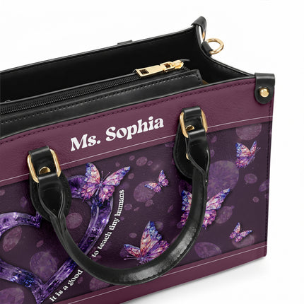 Personalized Teacher Leather Handbag Purple Gemstone Heart