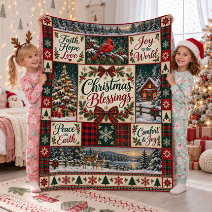 Christmas Blessings Fleece Blanket Faith Hope Love Holiday Patchwork