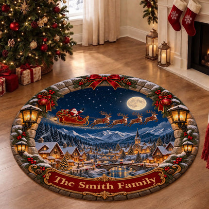 Personalized Santa Sleigh Christmas Round Doormat Snowy Village Family Name Rug