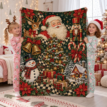 Vintage Santa Christmas Fleece Blanket Nutcracker Reindeer Snowman