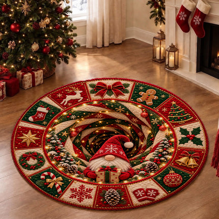 Christmas Round Doormat with Holiday Gnome Patchwork