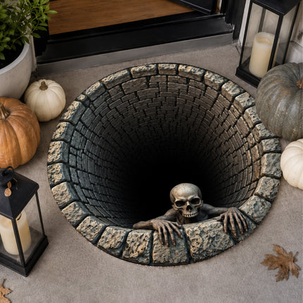 Halloween Round Rug Skull Haunted Well 3D Illusion Doormat