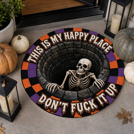 Halloween Round Rug Skeleton Happy Place Funny Doormat