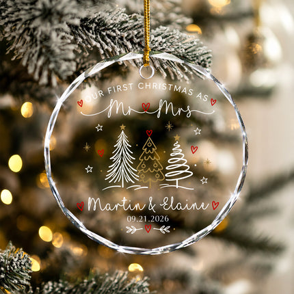 Personalized First Christmas Together Line Art Christmas Trees Couple Glass Ornament