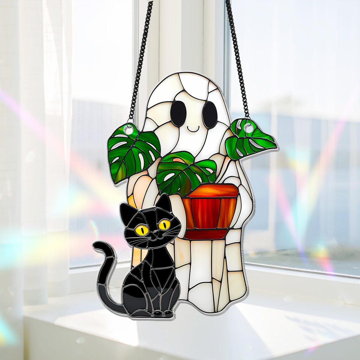 Cute Ghost Plant And Cat ACRYLIC Suncatcher,Ghost Monstra Window Hanging,Hangings Plant Lover Gift,Black Cat Lover,Mom Gift,Halloween Decor