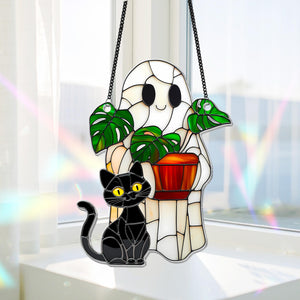 Cute Ghost Plant And Cat ACRYLIC Suncatcher,Ghost Monstra Window Hanging,Hangings Plant Lover Gift,Black Cat Lover,Mom Gift,Halloween Decor