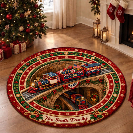 Personalized Christmas Train Doormat Patriotic Holiday Round Rug