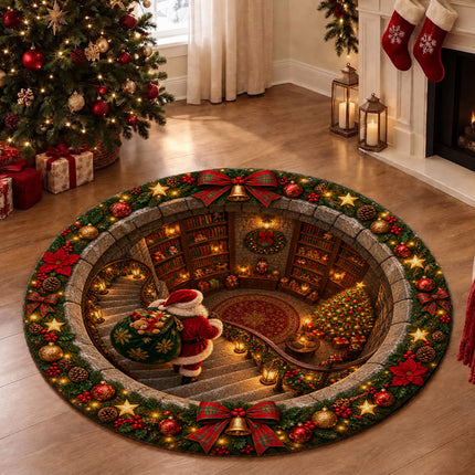 Christmas Round Doormat with Santa Library Scene