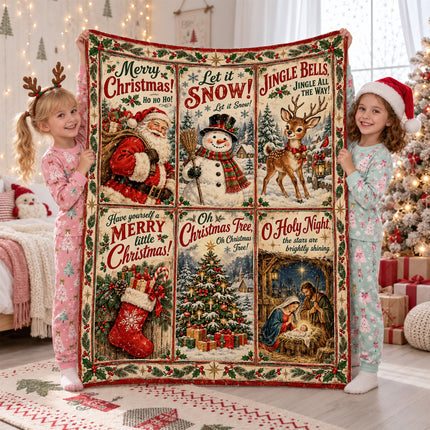Christmas Nativity Fleece Blanket Vintage Santa Snowman Holiday Scenes