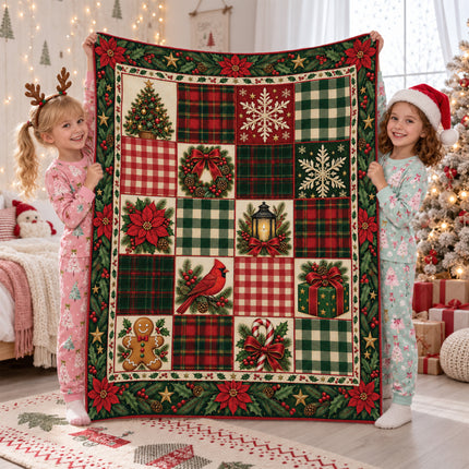 Christmas Patchwork Fleece Blanket Vintage Plaid Cardinal Poinsettia
