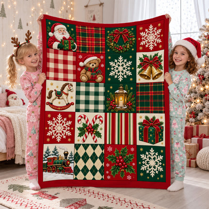 Christmas Patchwork Fleece Blanket Vintage Santa Teddy Bear Plaid Holiday Throw