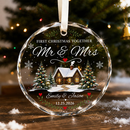 Personalized First Christmas Together Snowy Cabin Couple Glass Ornament
