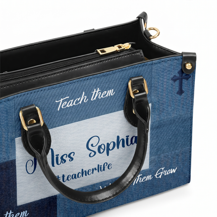 Personalized Teacher Leather Handbag Denim Floral Tiny Humans