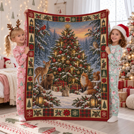 Woodland Animals Christmas Fleece Blanket Candlelit Winter Forest
