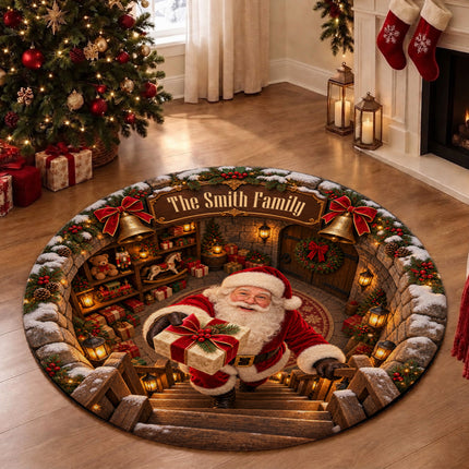 Personalized Santa Gift Delivery Christmas Round Doormat Cozy Family Name Rug