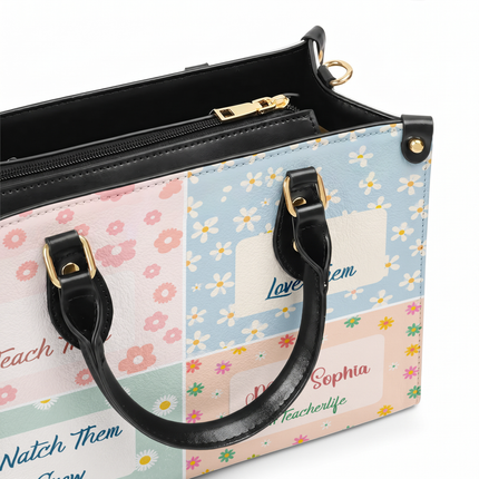 Personalized Teacher Leather Handbag Pastel Floral Color Block