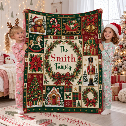 Personalized Family Christmas Fleece Blanket Custom Last Name Holiday Patchwork