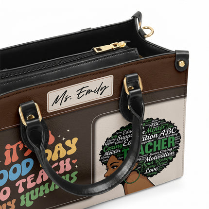 Personalized Teacher Leather Handbag Afro Word Art Tiny Humans