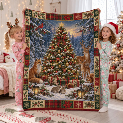 Woodland Christmas Fleece Blanket Winter Forest Wildlife