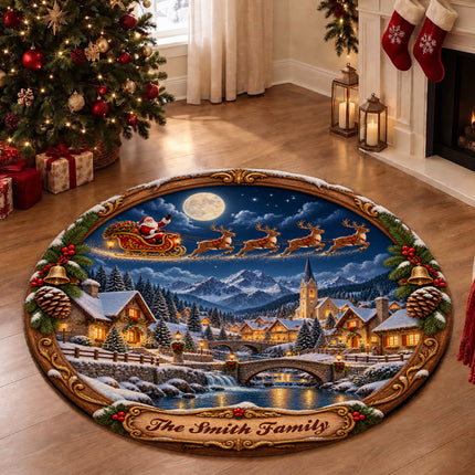 Personalized Christmas Village Round Doormat Santa Sleigh Moonlit Family Name Rug