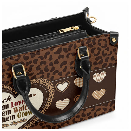 Personalized Teacher Leather Handbag Leopard Print Heart