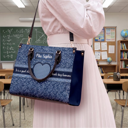Personalized Teacher Leather Handbag Denim Patchwork Cross