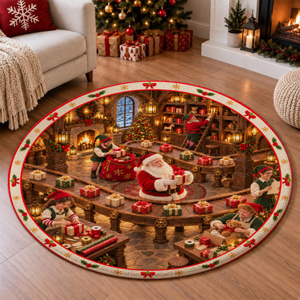 Christmas Gift Wrapping Round Rug Santa Workshop Doormat