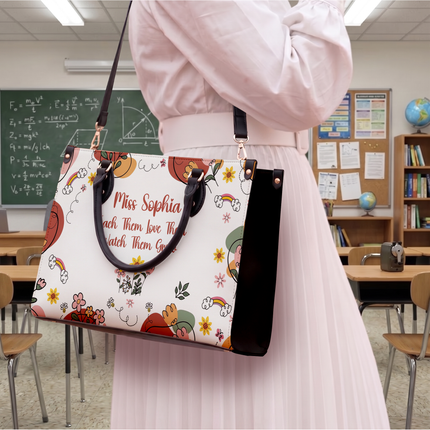 Personalized Teacher Leather Handbag Boho Floral Teach Love Grow