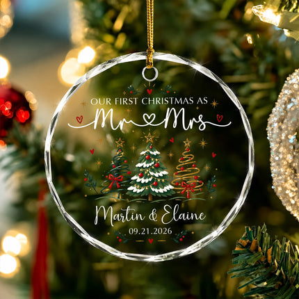 Personalized First Christmas Couple Glass Ornament with Christmas Trees and Hearts