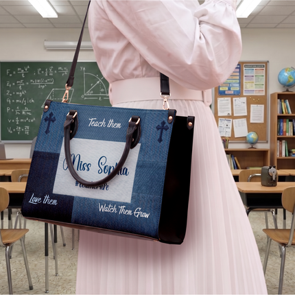 Personalized Teacher Leather Handbag Denim Floral Tiny Humans