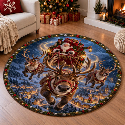 Santa Reindeer Christmas Round Rug Flying Sleigh Holiday Doormat