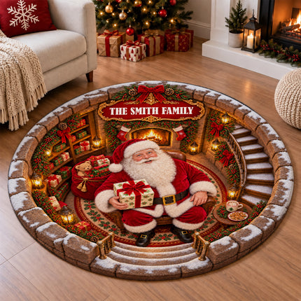Personalized Santa Christmas Round Doormat Cozy Fireplace Family Name Rug