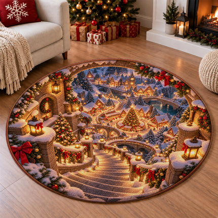 Christmas Village Round Rug Snowy Stairway Holiday Doormat