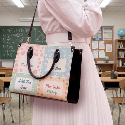 Personalized Teacher Leather Handbag Pastel Floral Color Block