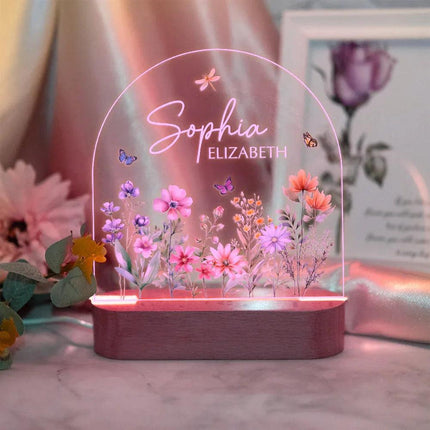 Custom Floral Butterfly Name Acrylic Night Light, Birthday Gift for Her - Charming Present