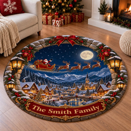 Personalized Santa Sleigh Christmas Round Doormat Snowy Village Family Name Rug