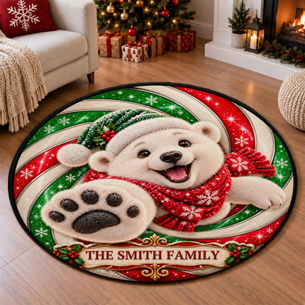 Personalized Christmas Doormat Cute Polar Bear Family Name Round Rug