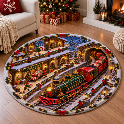 North Pole Christmas Train Round Rug Holiday Gift Express Doormat