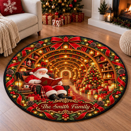 Personalized Christmas Doormat Santa Reading Family Name Round Rug