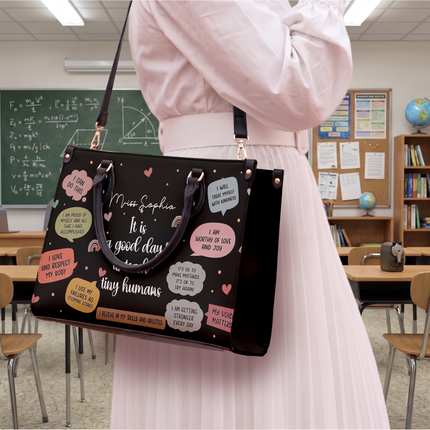 Personalized Teacher Leather Handbag Black Affirmations