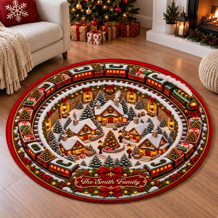 Personalized Christmas Doormat Train Village Family Name Round Rug