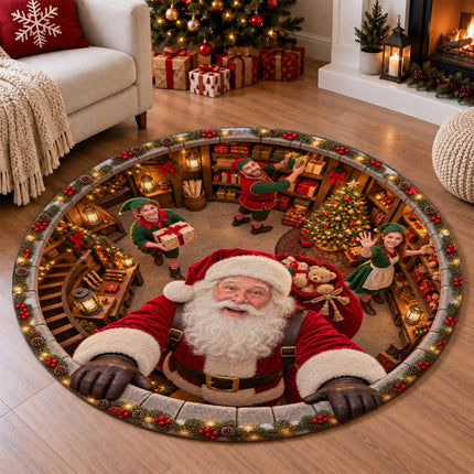 Santa's Workshop Christmas Round Rug North Pole Elves Doormat