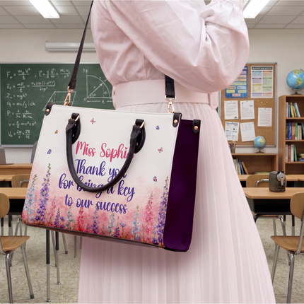 Personalized Teacher Leather Handbag Watercolor Floral Thank You
