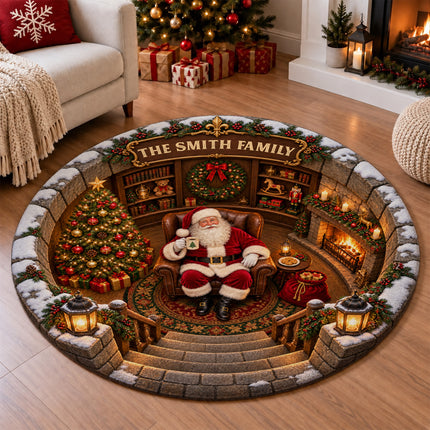 Personalized Santa Christmas Round Doormat Cozy Fireplace Family Name Rug