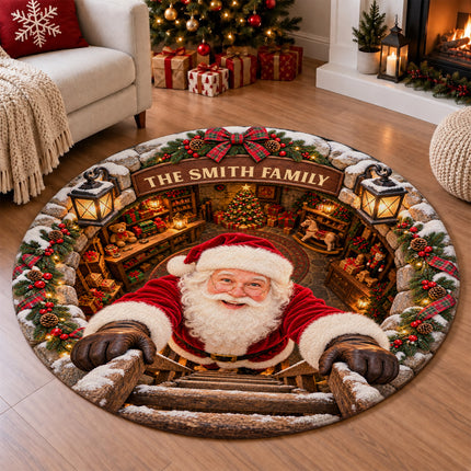 Personalized Santa Workshop Christmas Round Doormat Cozy Family Welcome Rug